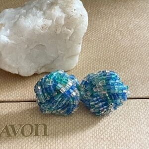 Vintage Avon 1992 Czech Glass Cluster Stud Earrings | Iridescent Sea Blue | 1”